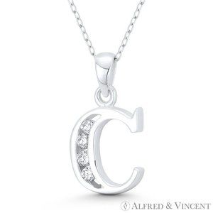 Initial Letter "C" CZ Crystal Charm Pendant in .925 Sterling Silver